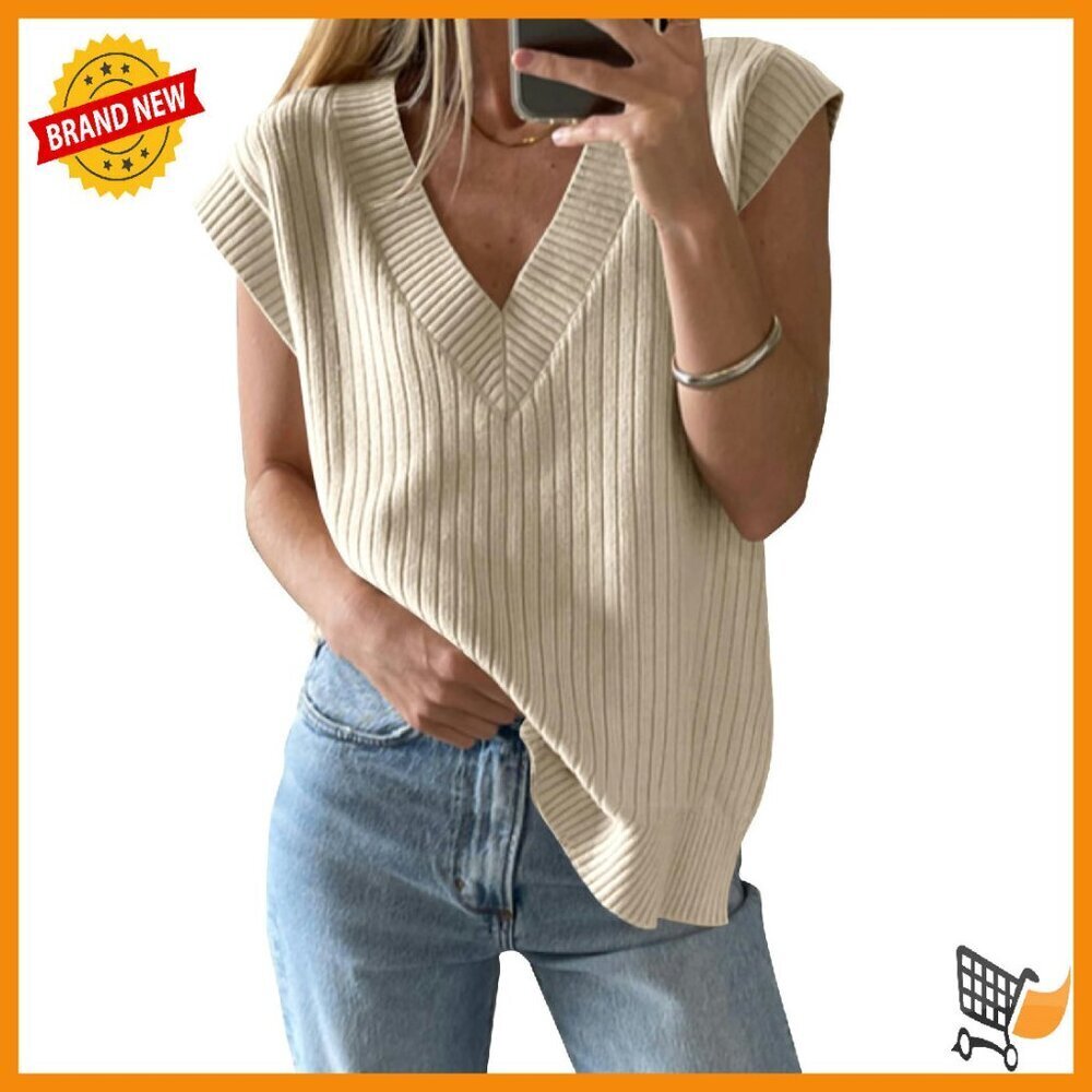 Oversized V-Neck Sweater Vest Ribbed Knit Sleeveless Pullover Tank Top